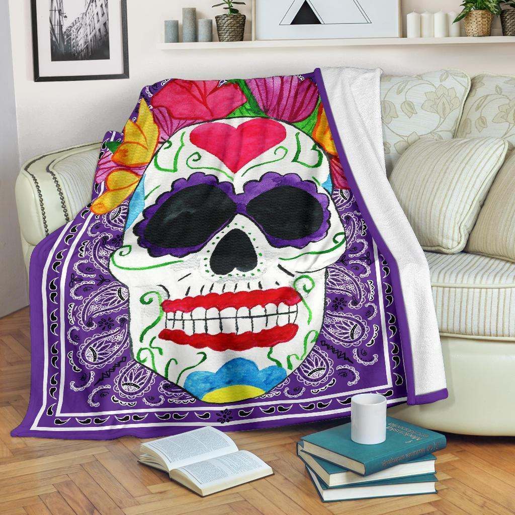 Ultra Plush Purple Bandana Sugar Skull Sherpa Fleece Blanket