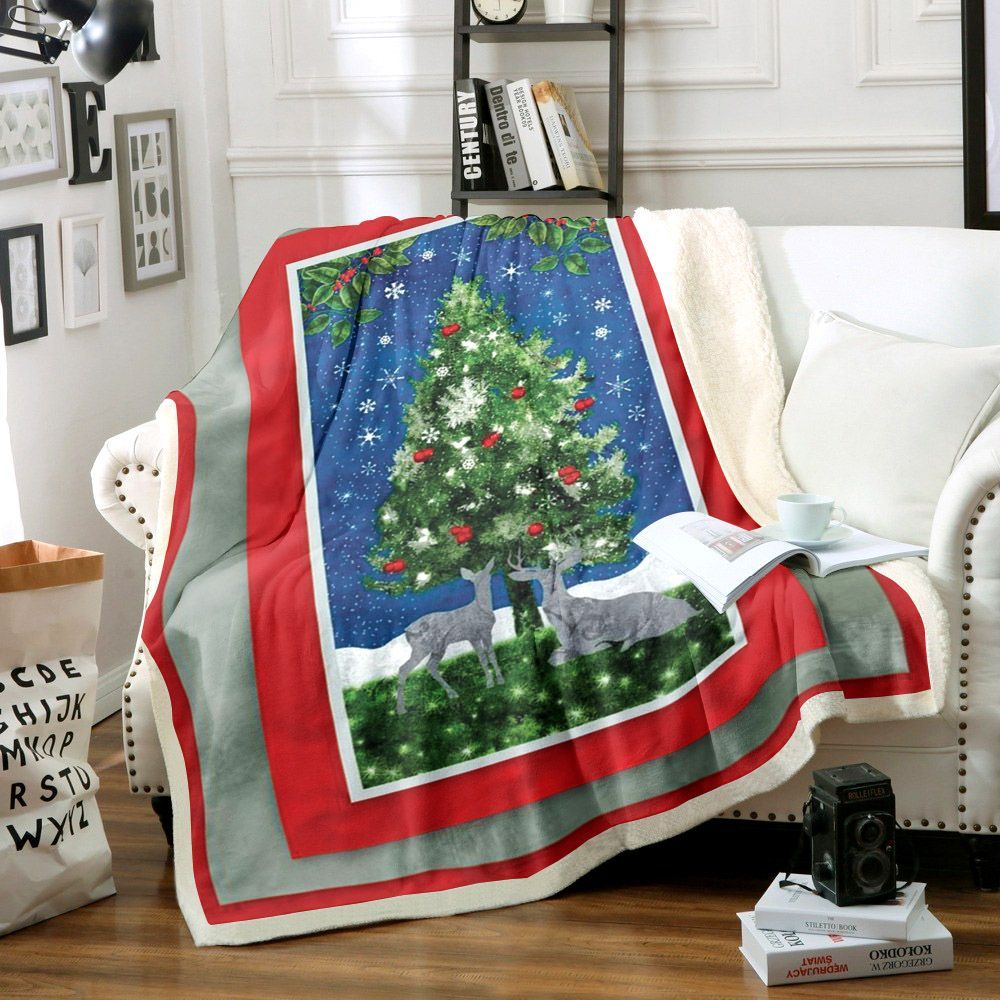 Under The Pines Christmas Tree Deer Sherpa Fleece Blanket