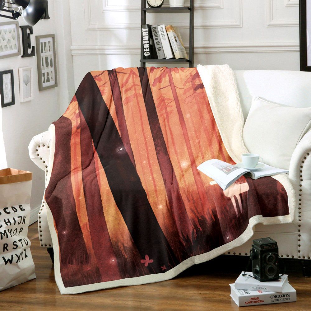 Unicorn And Bird In Forest Sherpa Fleece Blanket
