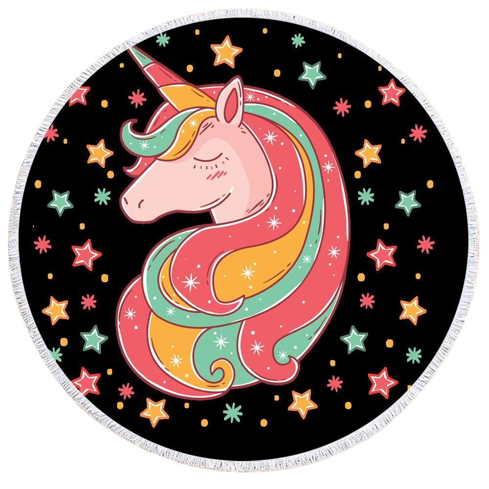Unicorn And Colorful Stars Printed Round Beach Towel