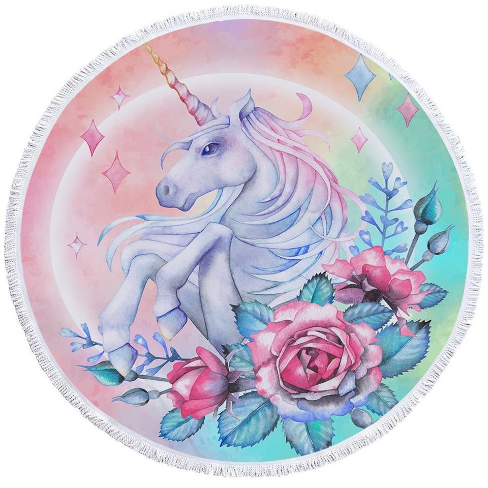 Unicorn And Rose Dreamy Printed Round Beach Towel