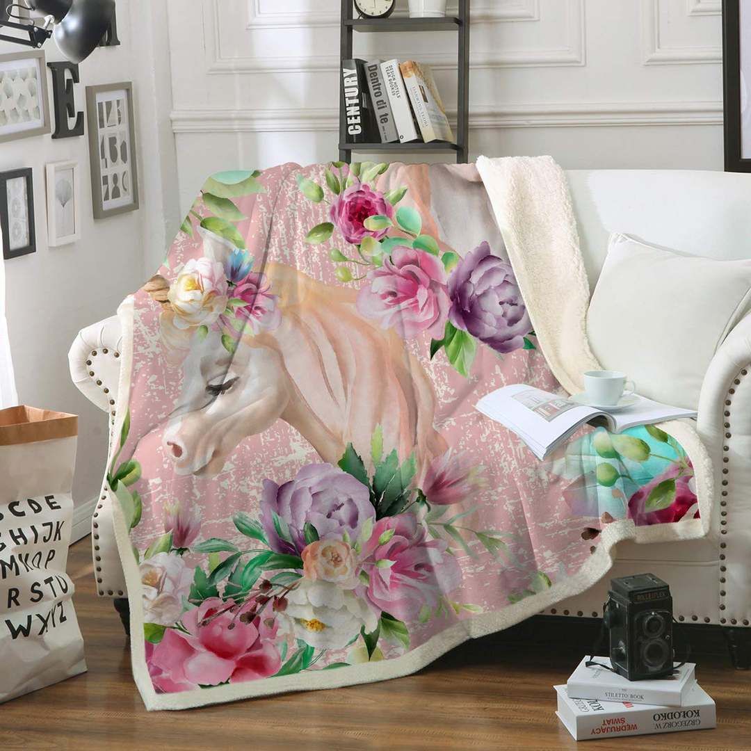 Unicorn And Roses Sherpa Fleece Blanket