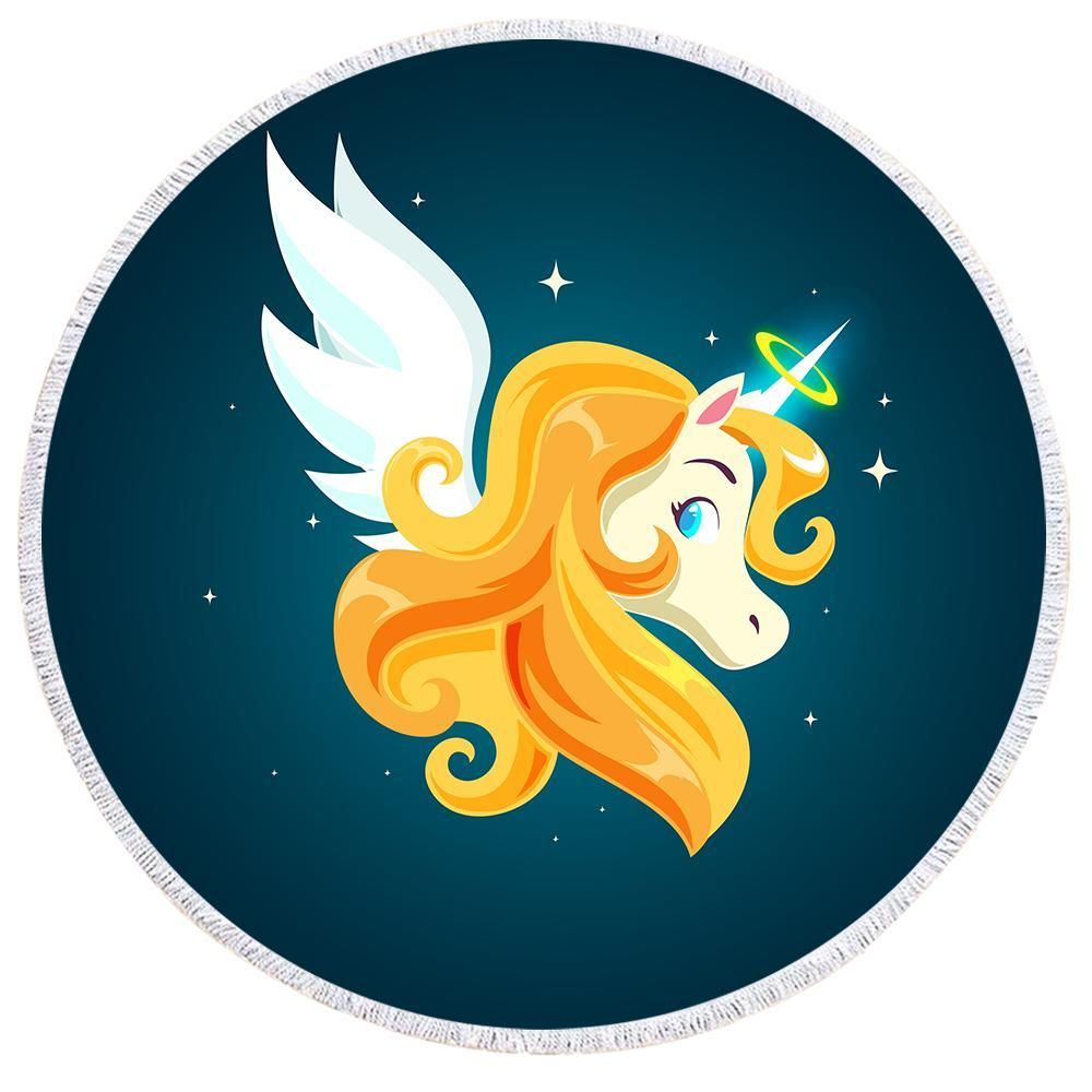 Unicorn Cartoon With Wings Printed Round Beach Towel