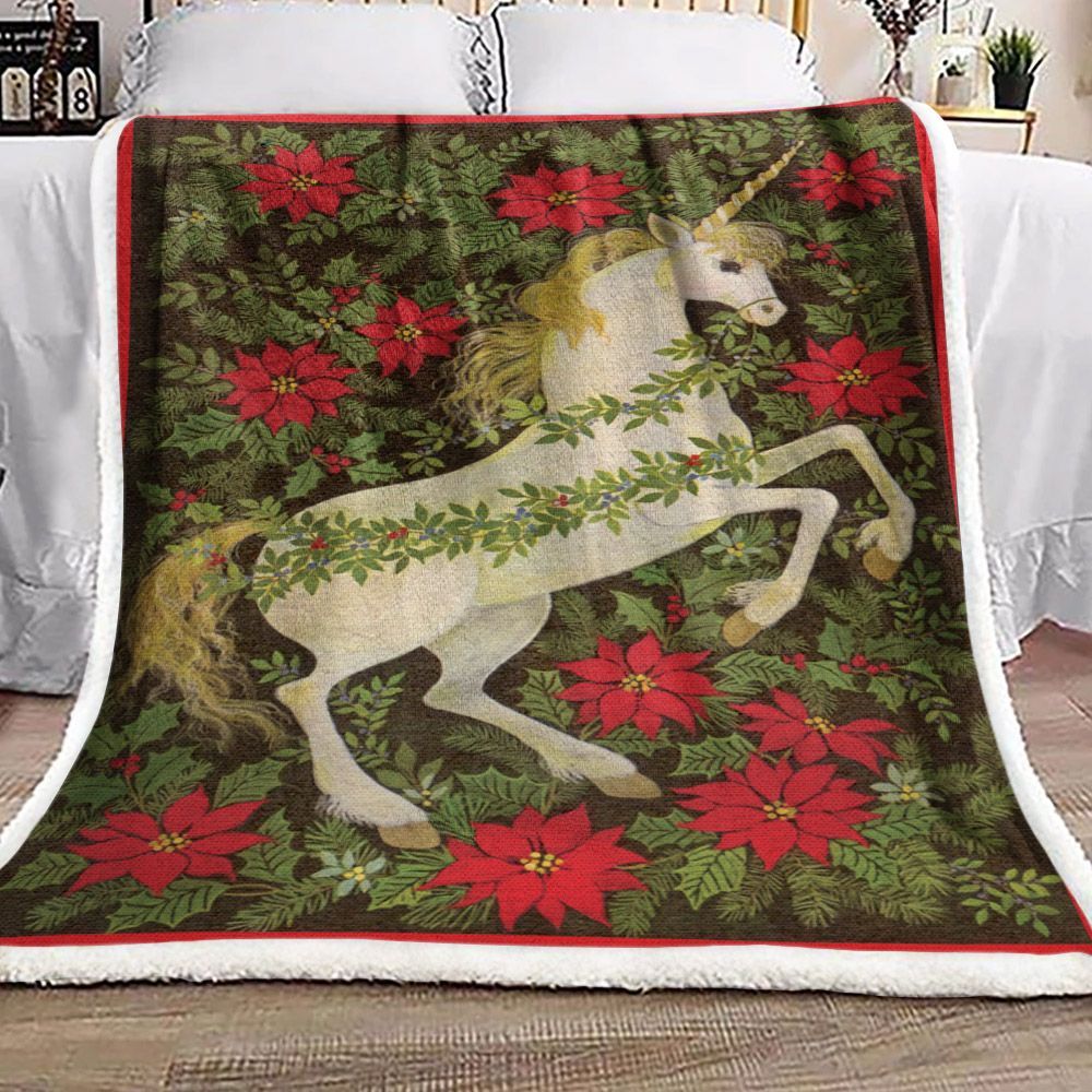 Unicorn Christmas Flower Sherpa Fleece Blanket