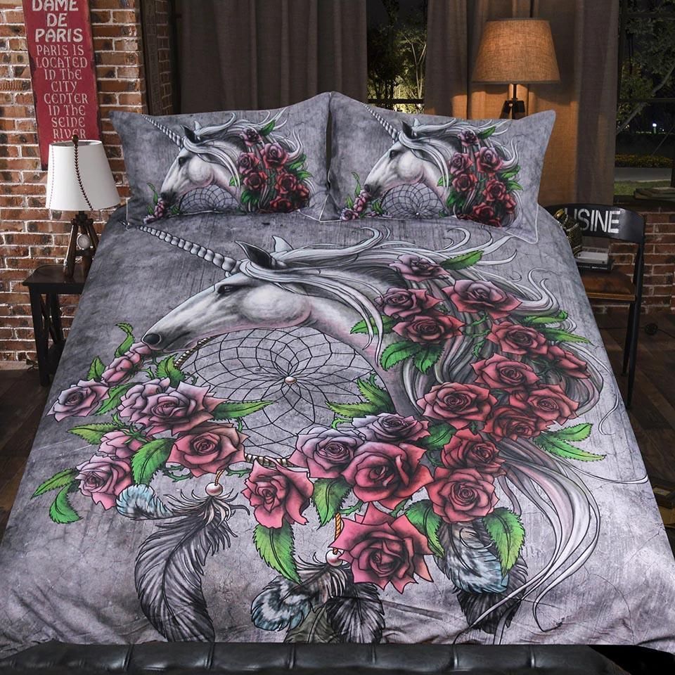 Unicorn Dreamcatcher Rose Flower Bedding Set