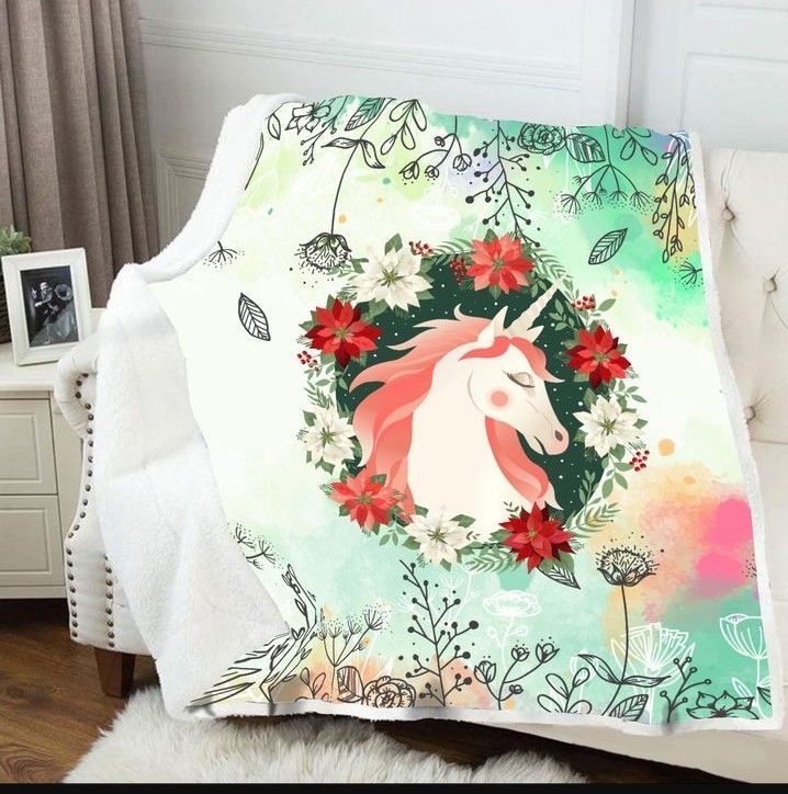 Unicorn Floral Cute Sherpa Fleece Blanket