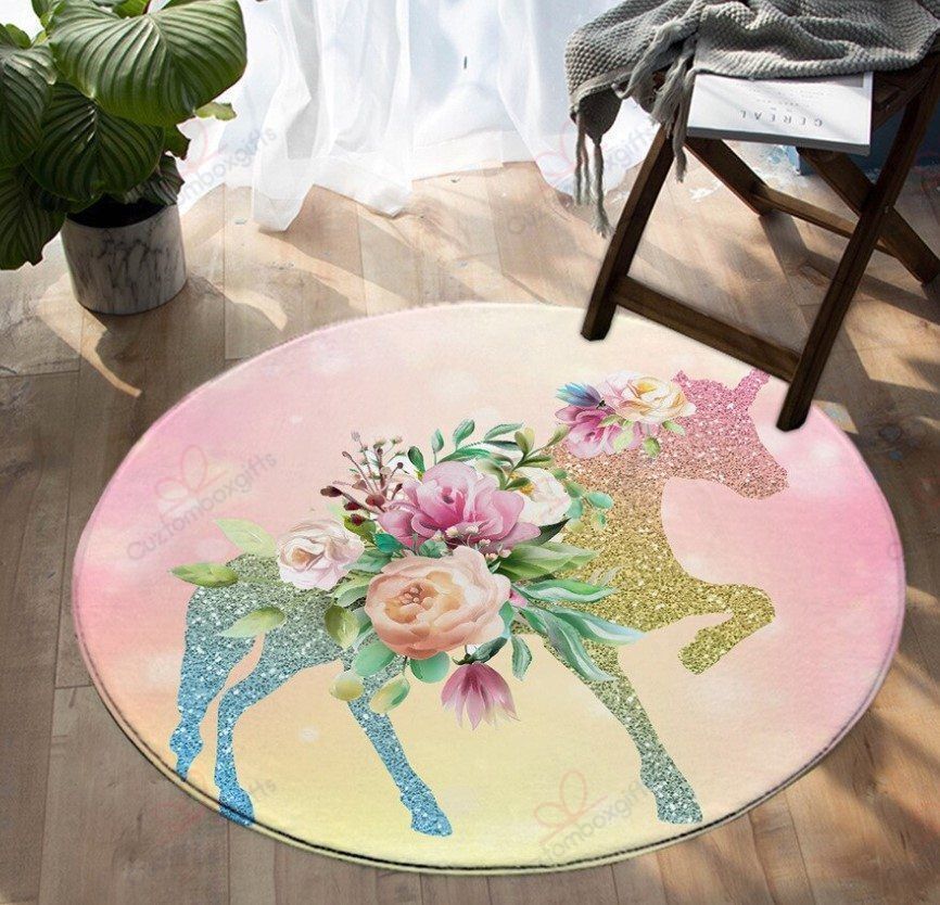 Unicorn Flower Glitter Round Carpet