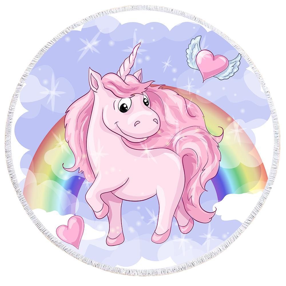 Unicorn Head In The Clouds Printed Round Beach Towel