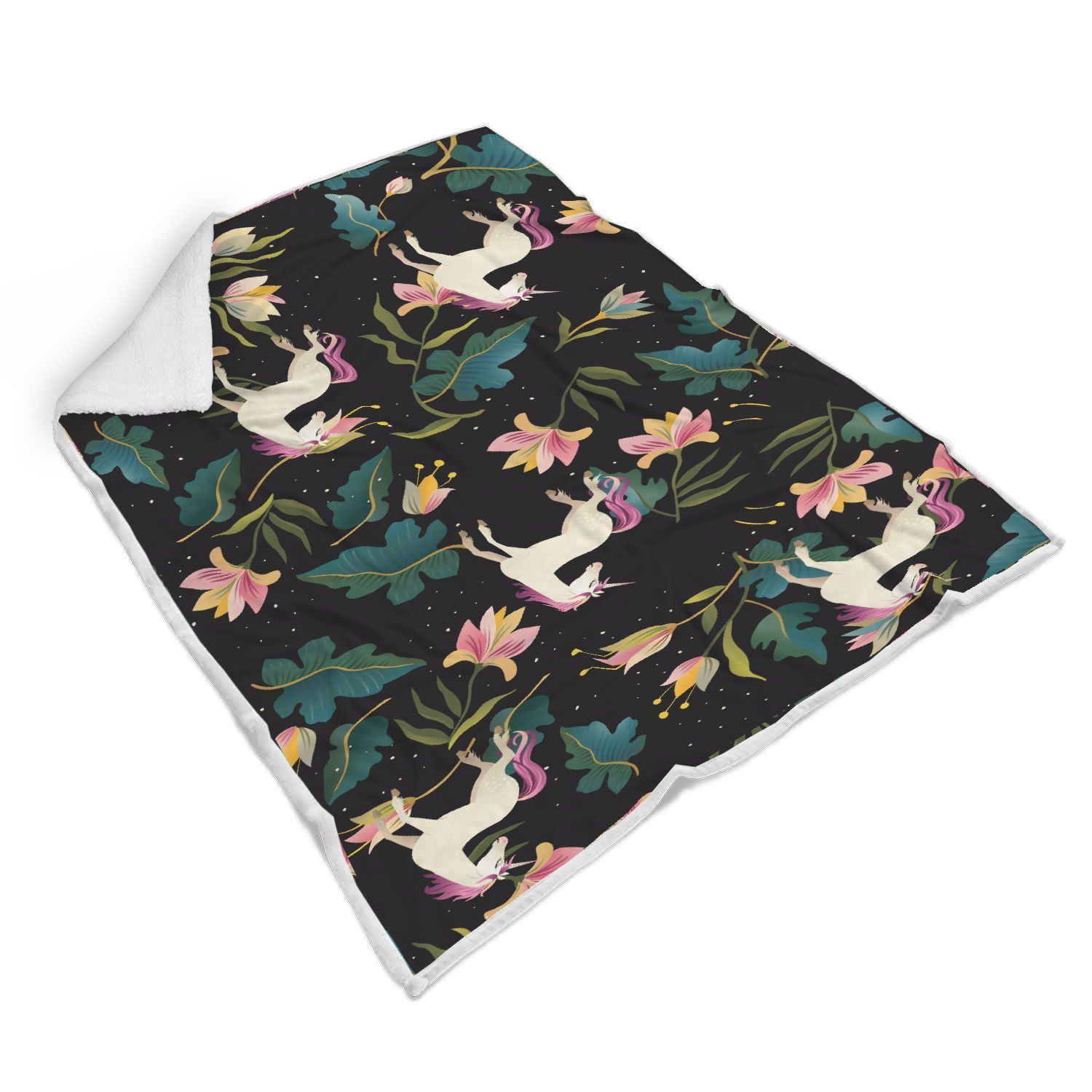 Unicorn In Floral Sherpa Fleece Blanket