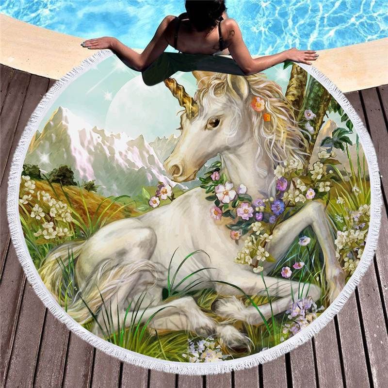 Unicorn Lying In The Grass Printed Round Beach Towel