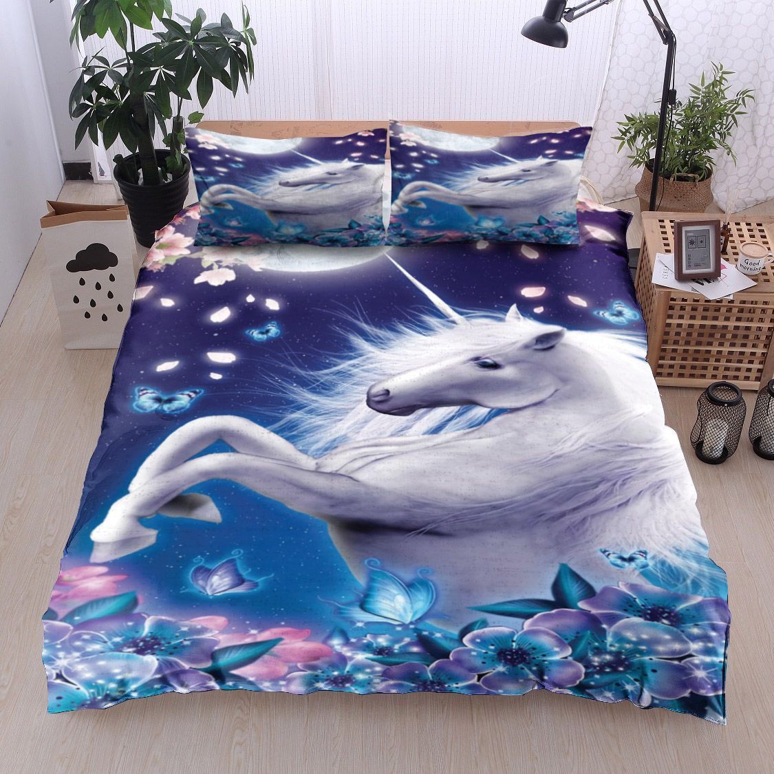 Unicorn Moon Butterfly Flower Galaxy Bedding Set