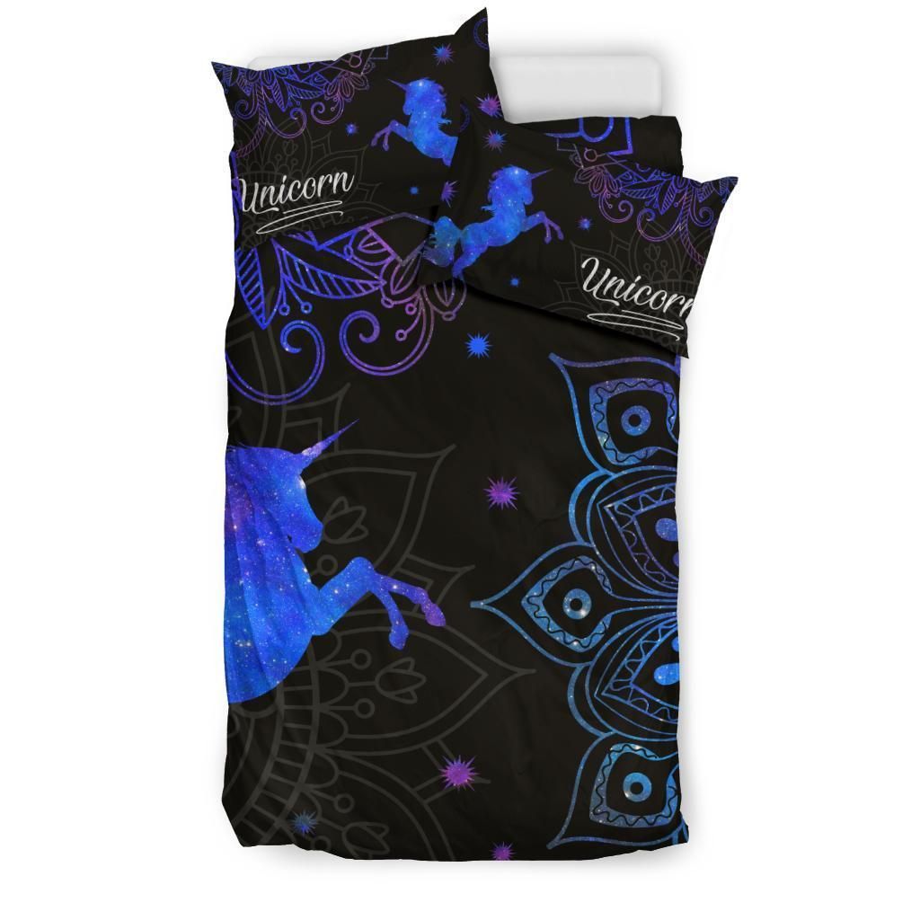 Unicorn Paisley Flower Blue And Black Bedding Set