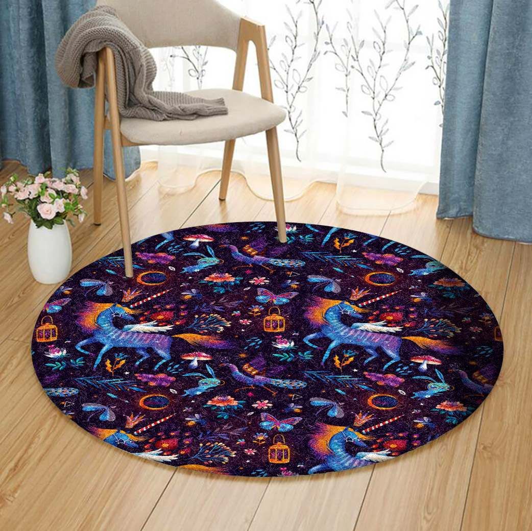Unicorn Peacock Butterfly Rabbit Round Carpet