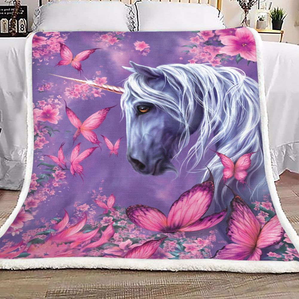 Unicorn Pink Butterfly Sherpa Fleece Blanket