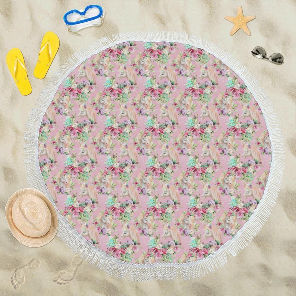 Unicorn Princess With Rose Round Beach Towel