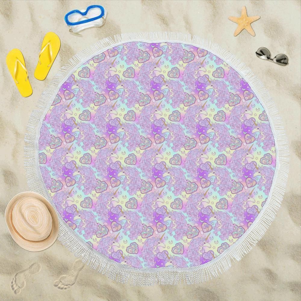 Unicorn Rainbow Star Heart All Over Printed Round Beach Towel
