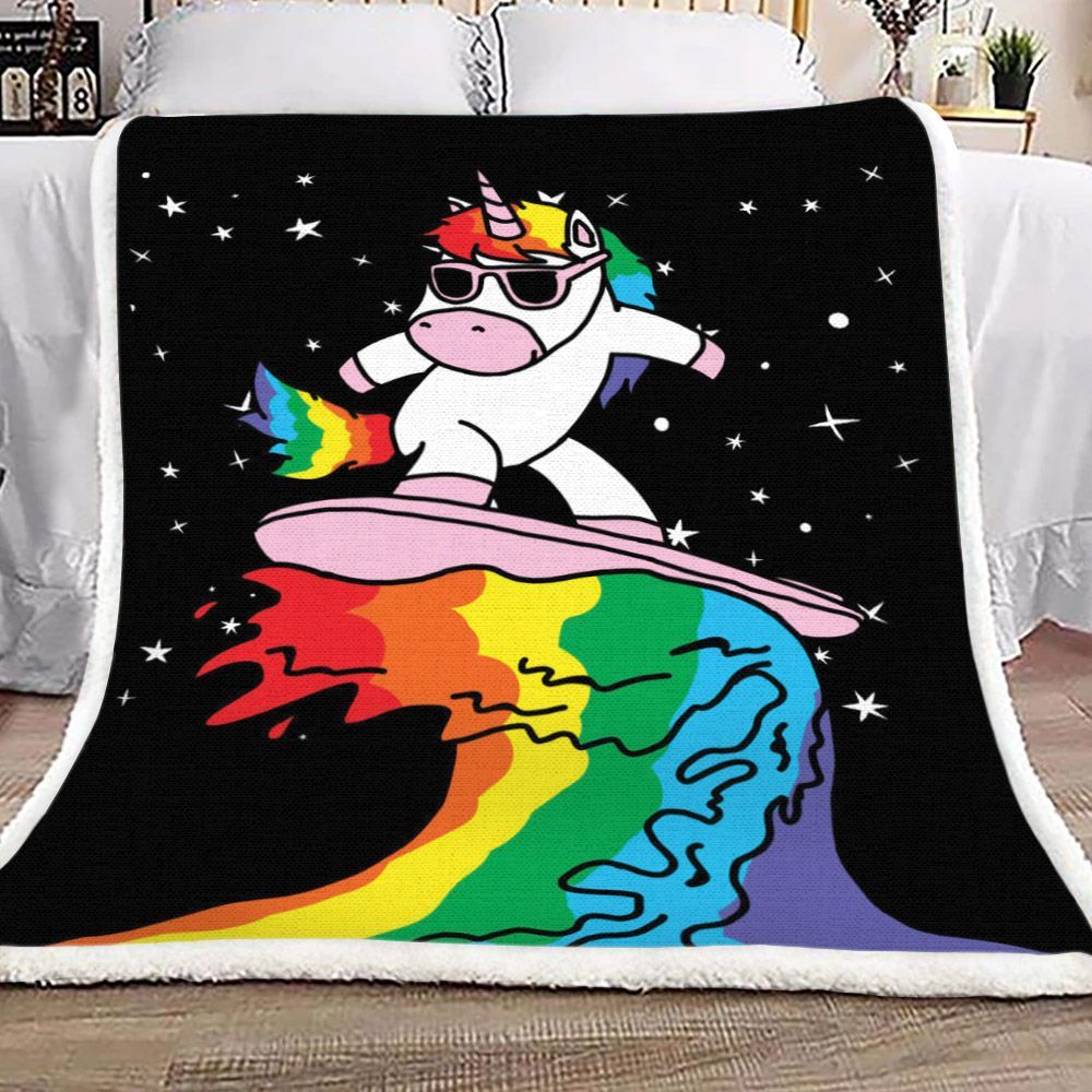 Unicorn Surfer Rainbow Sherpa Fleece Blanket