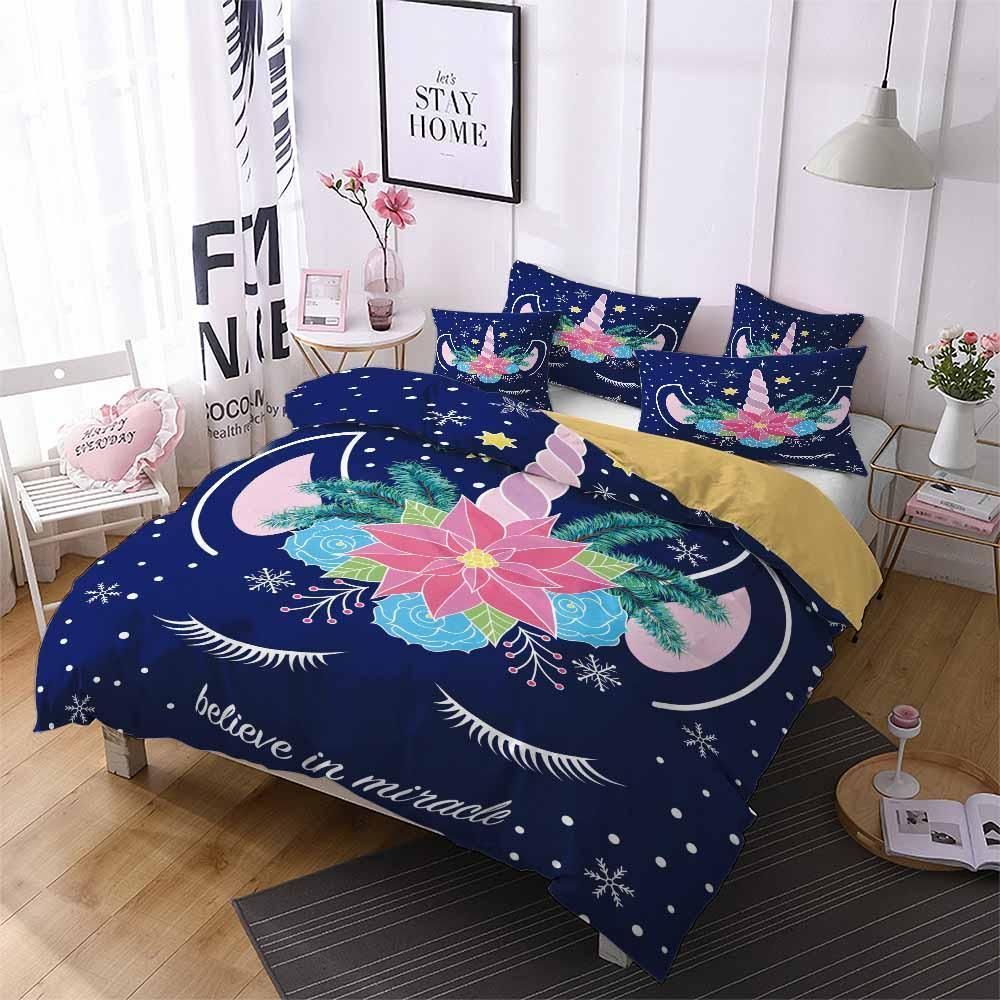 Unicorn With Horn Flower Pattern Printed Bedding Set