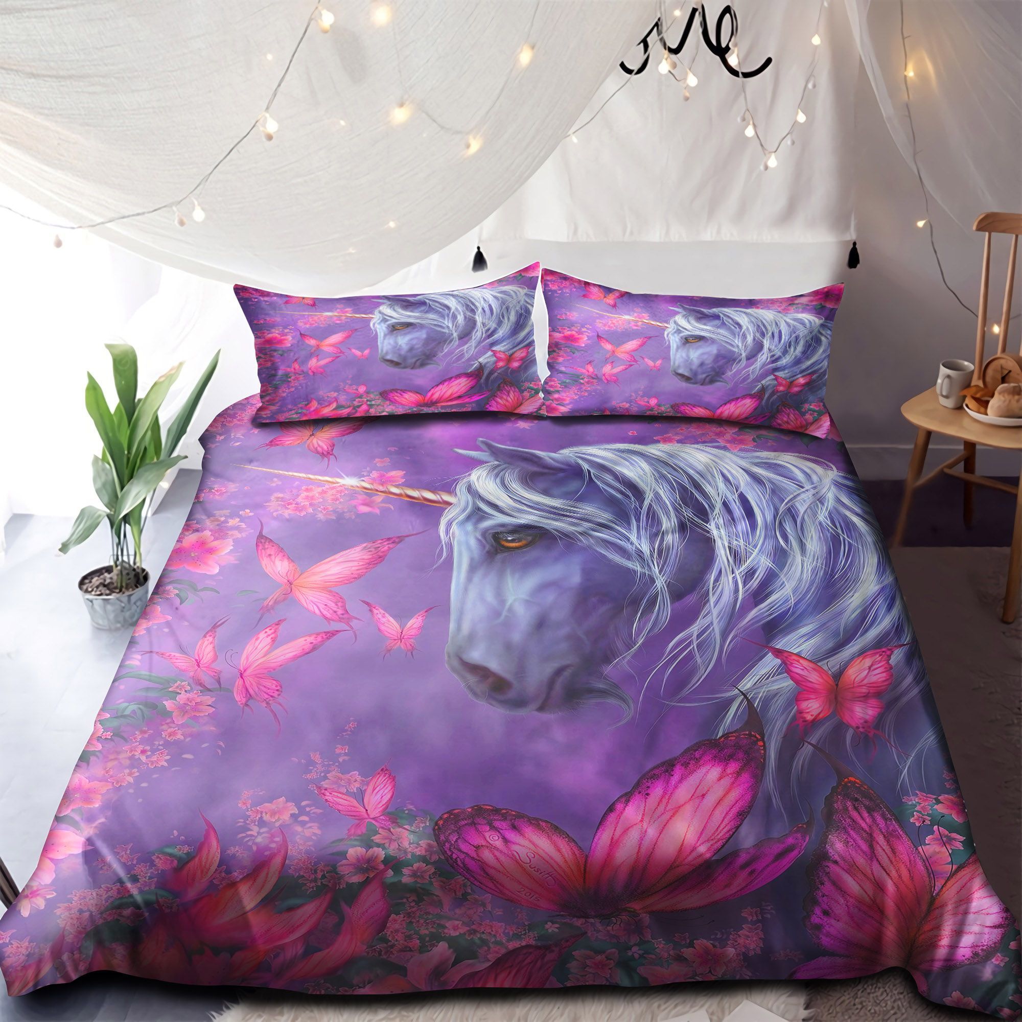 Unicorn With Pink Butterflies Bedding Set