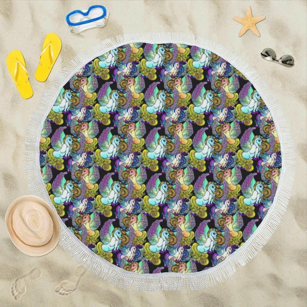 Unicorn With Wings Print Pattern Round Beach Towel