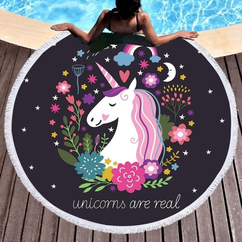 Unicorns Are Real Flowers Printed Round Beach Towel