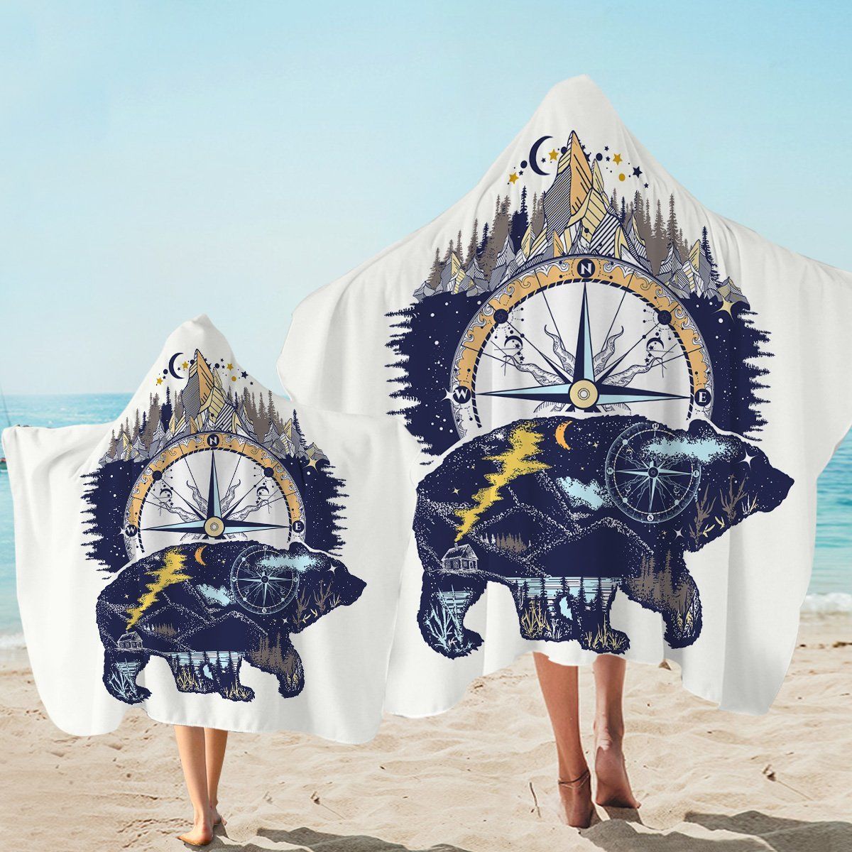 Ursa Compass Blue Bear Printed Hooded Towel