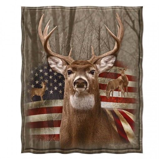 Us Flag Deer Forest Sherpa Fleece Blanket