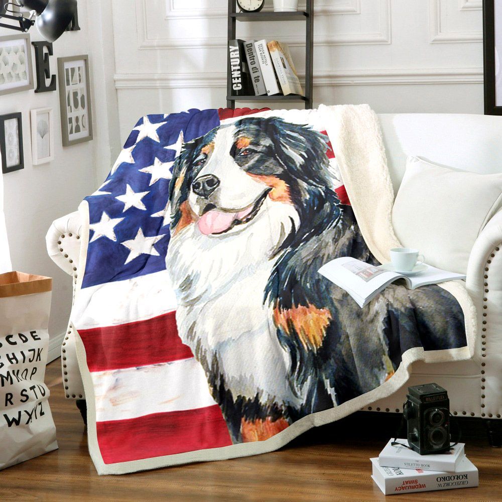 Usa American Flag With Bernese Mountain Dog Garden Flag Sherpa Fleece Blanket