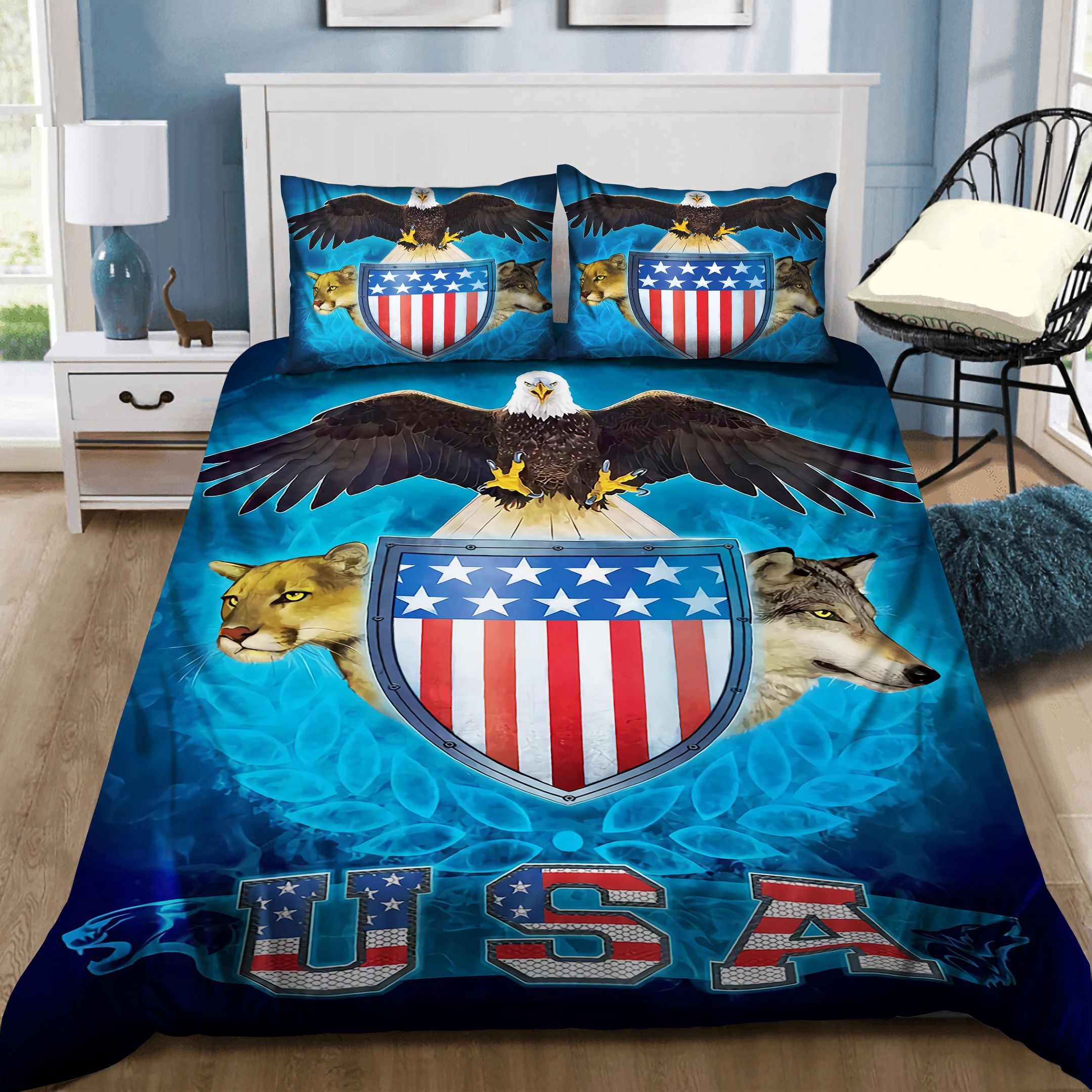 USA Trinity Wolf And Eagle Bedding Set