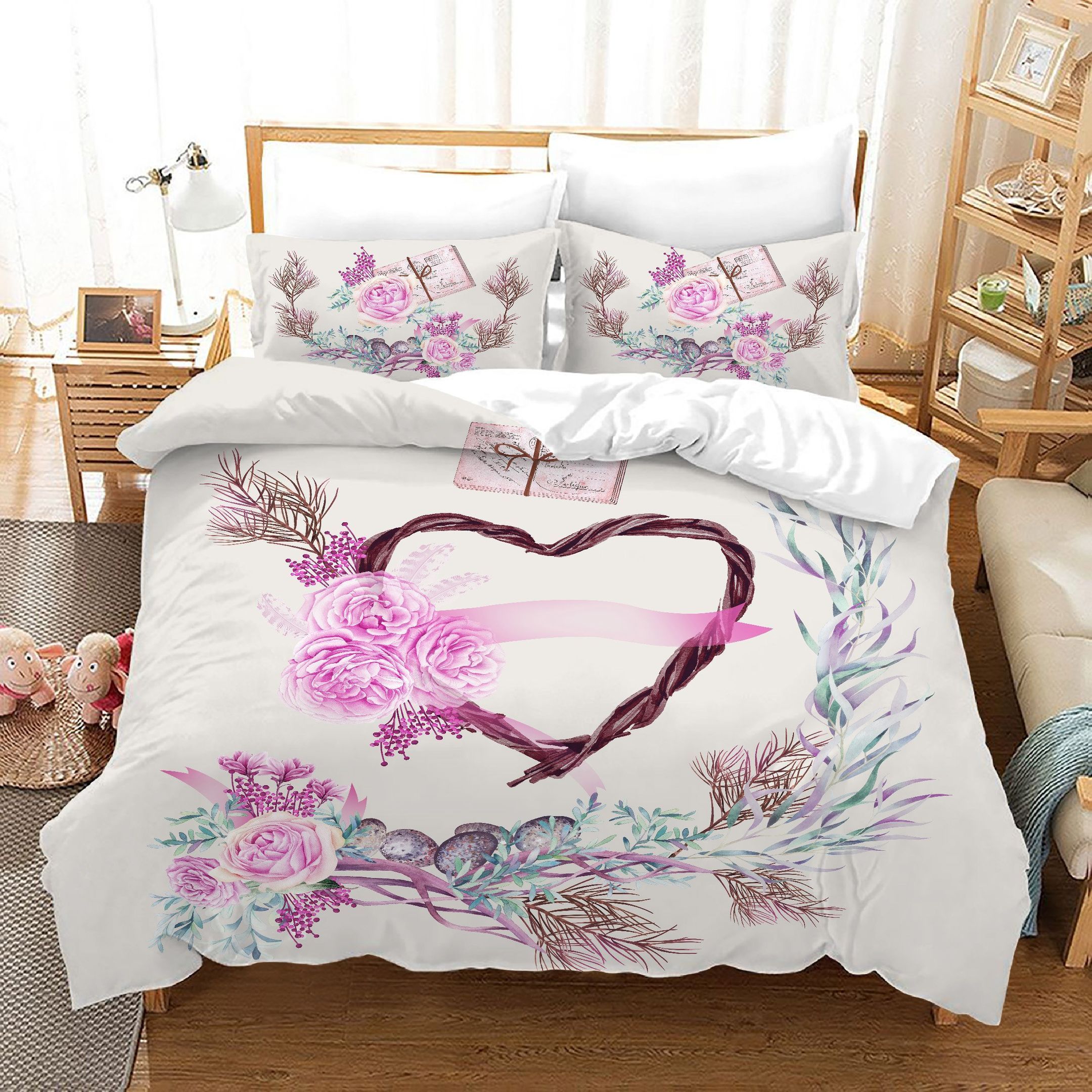 Valentine’s Day Romantic Floral Heart Shaped Bedding Set