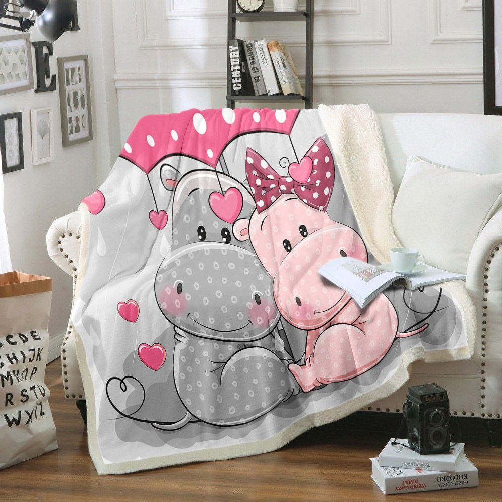 Valentine Two Cute Hippos With Umbrella Under The Rain Sherpa Fleece Blanket