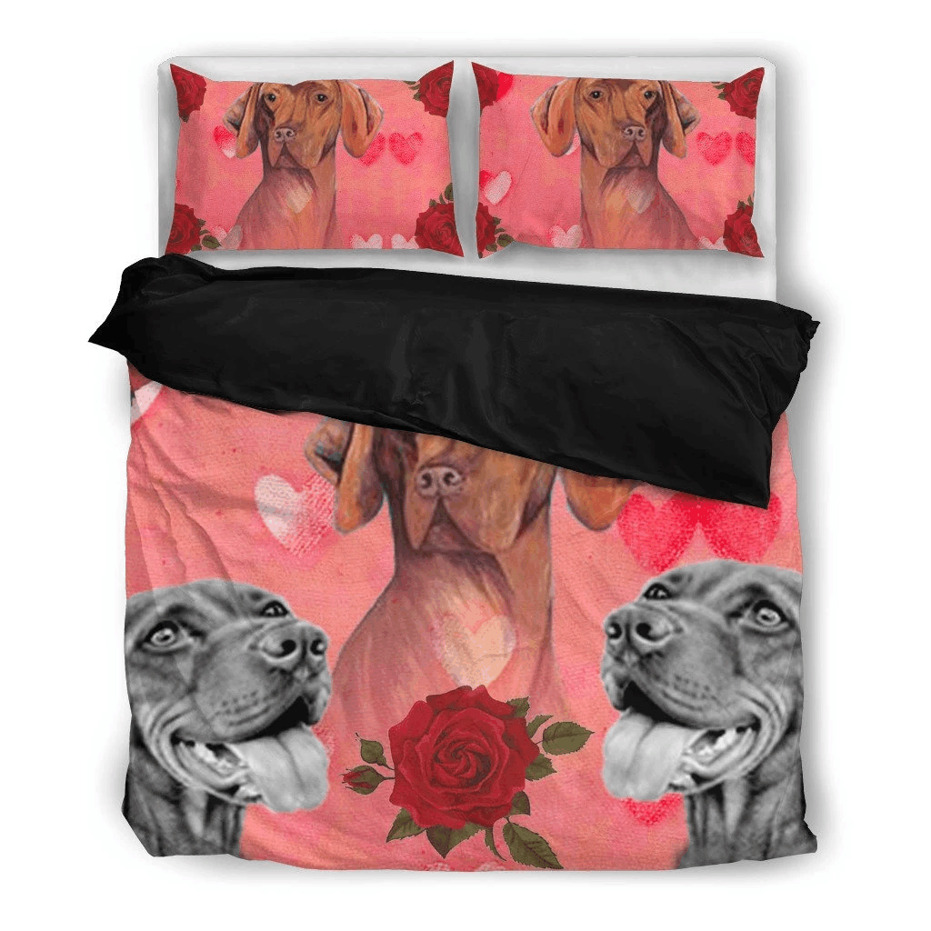 Valentine Vizsla Dog With Red Rose Bedding Set
