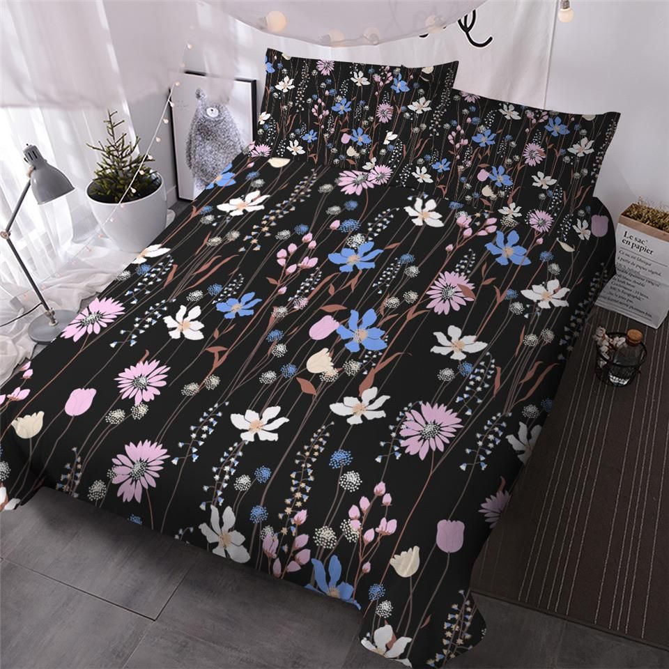 Various Flowers Black Bedding Set