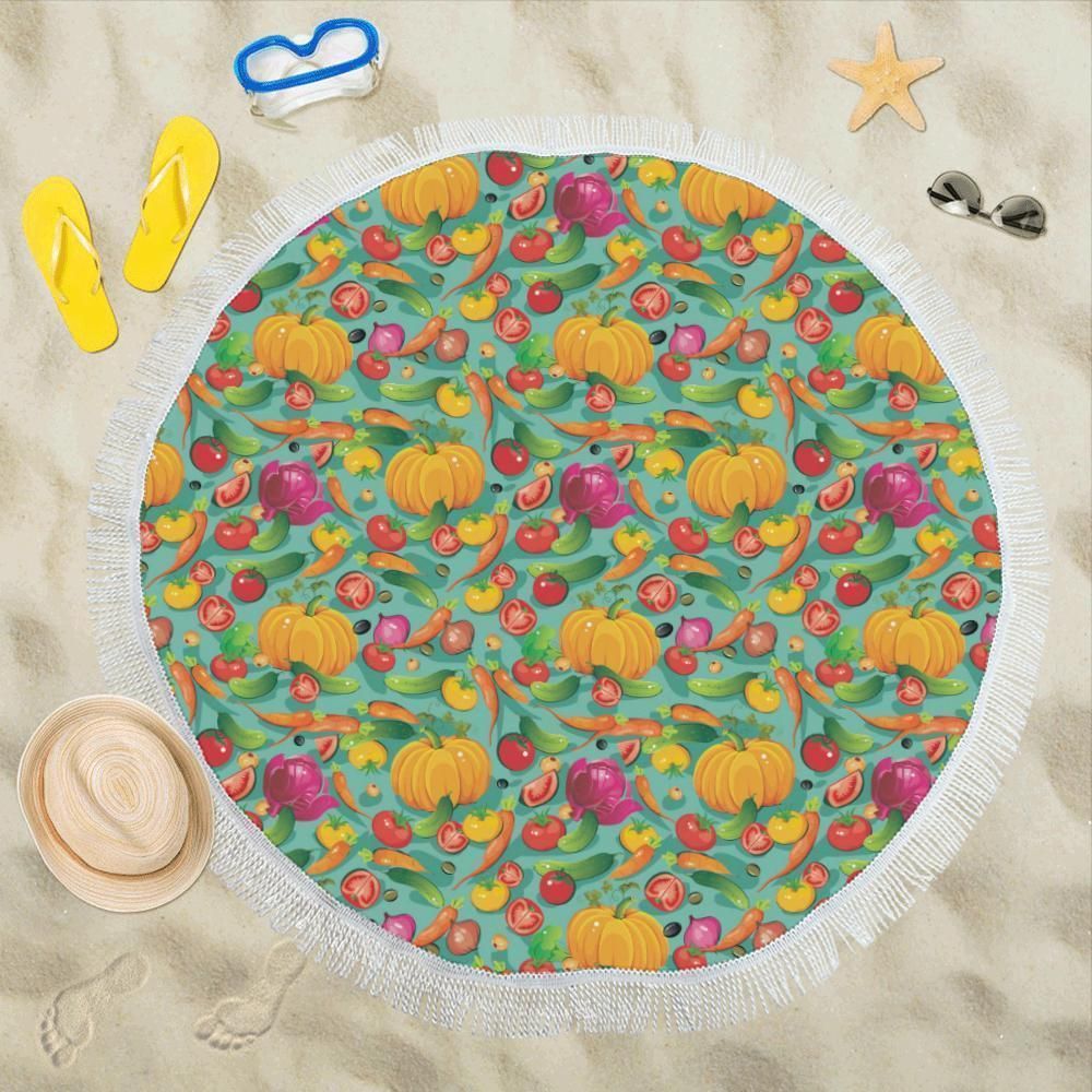 Vegan Colorful Themed Design Print Round Beach Towel