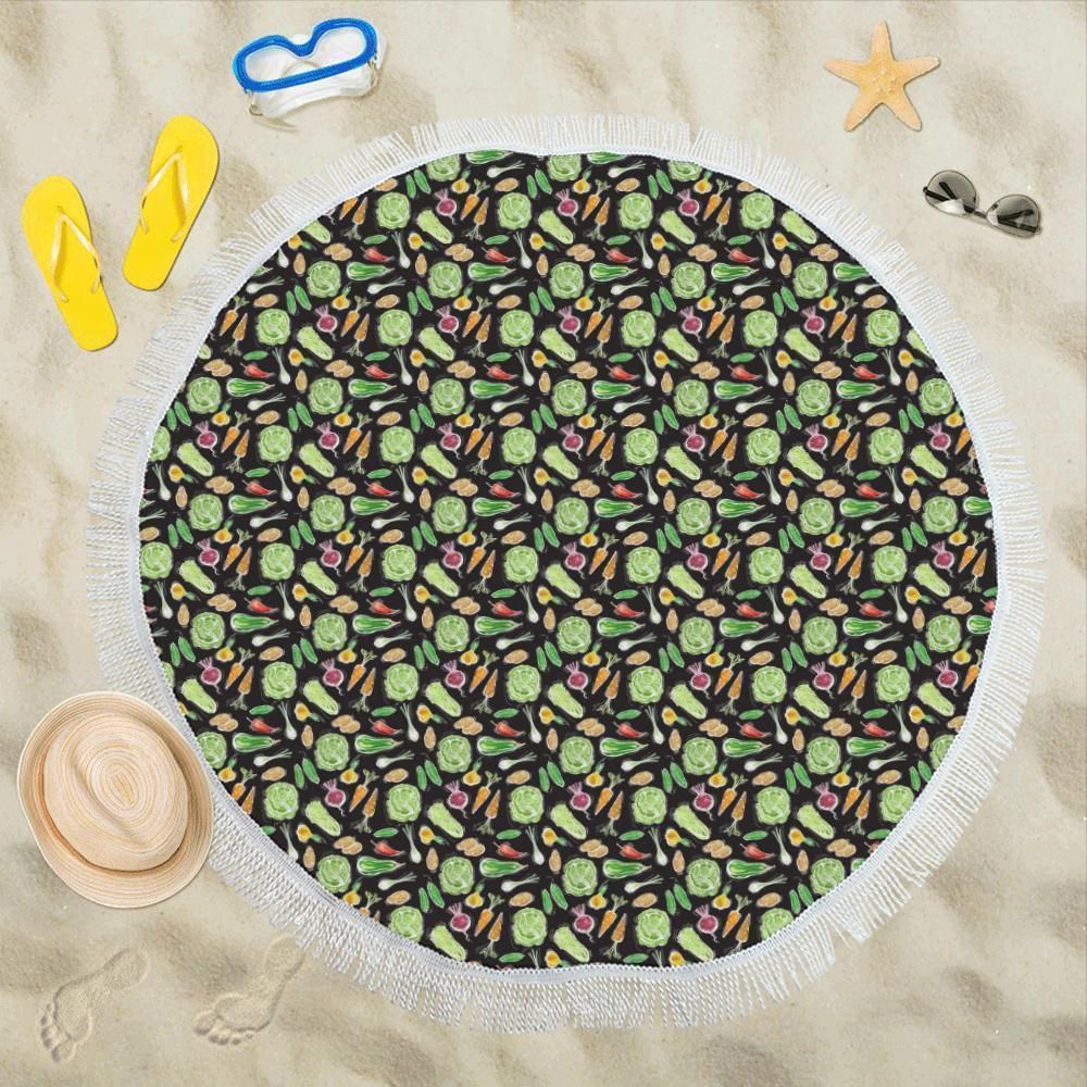 Vegan Draw Themed Design Print Round Beach Towel