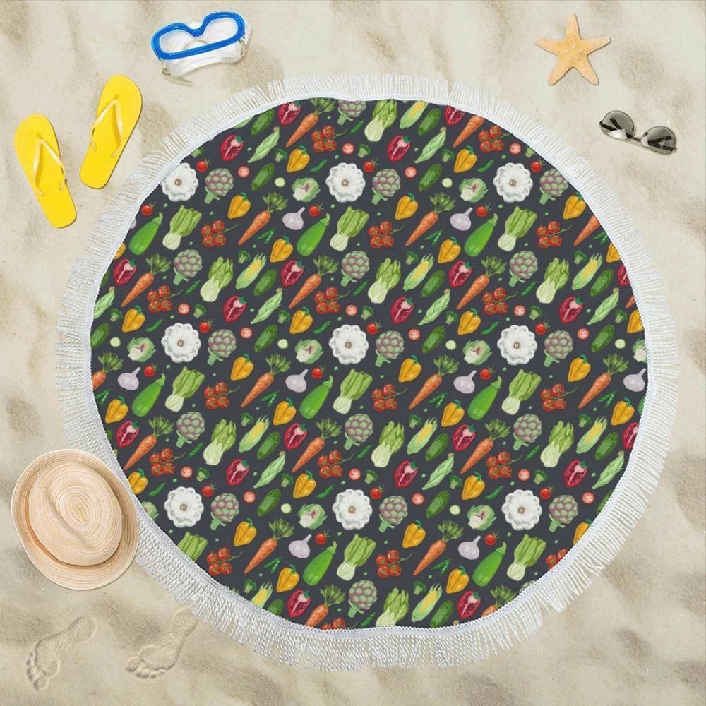 Vegan Pattern Themed Design Print Round Beach Towel