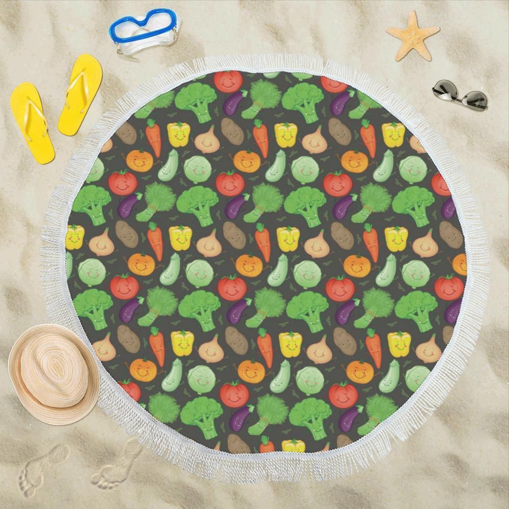 Vegan Vegetables Funny Themed Design Printed Round Beach Towel