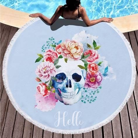 Vibes Happy Skull And Flower Watercolor Printed Round Beach Towel
