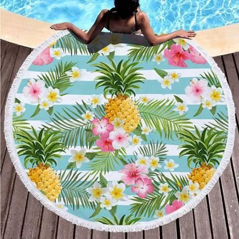 Vibes Pineapple And Flower Pattern Printed Round Beach Towel