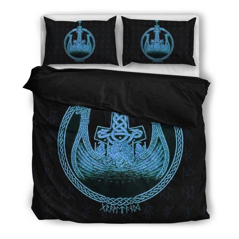 Viking Boat Symbol Blue And Black Bedding Set