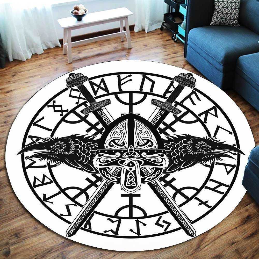 Viking Protection Symbol And Raven Round Carpet