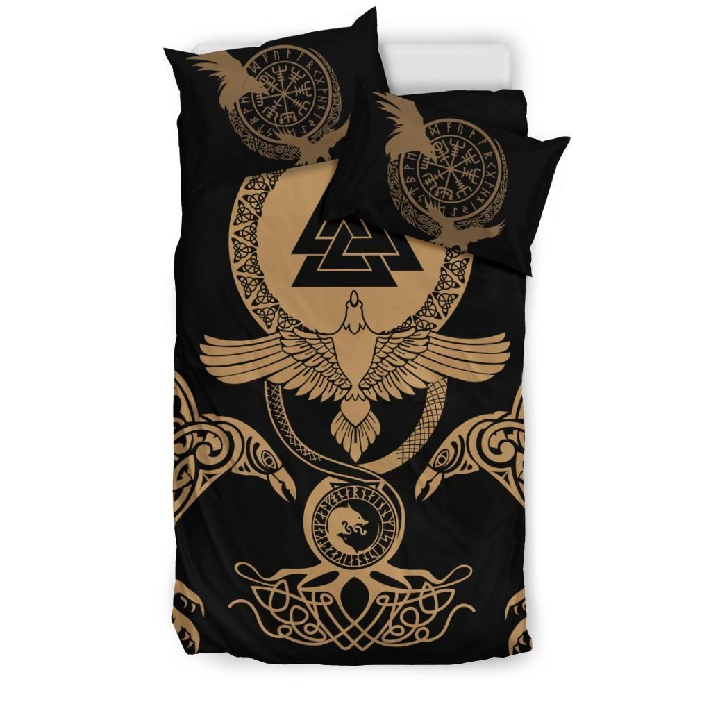 Viking Raven Vegvisir Fenrir Valknut Golden Bedding Set