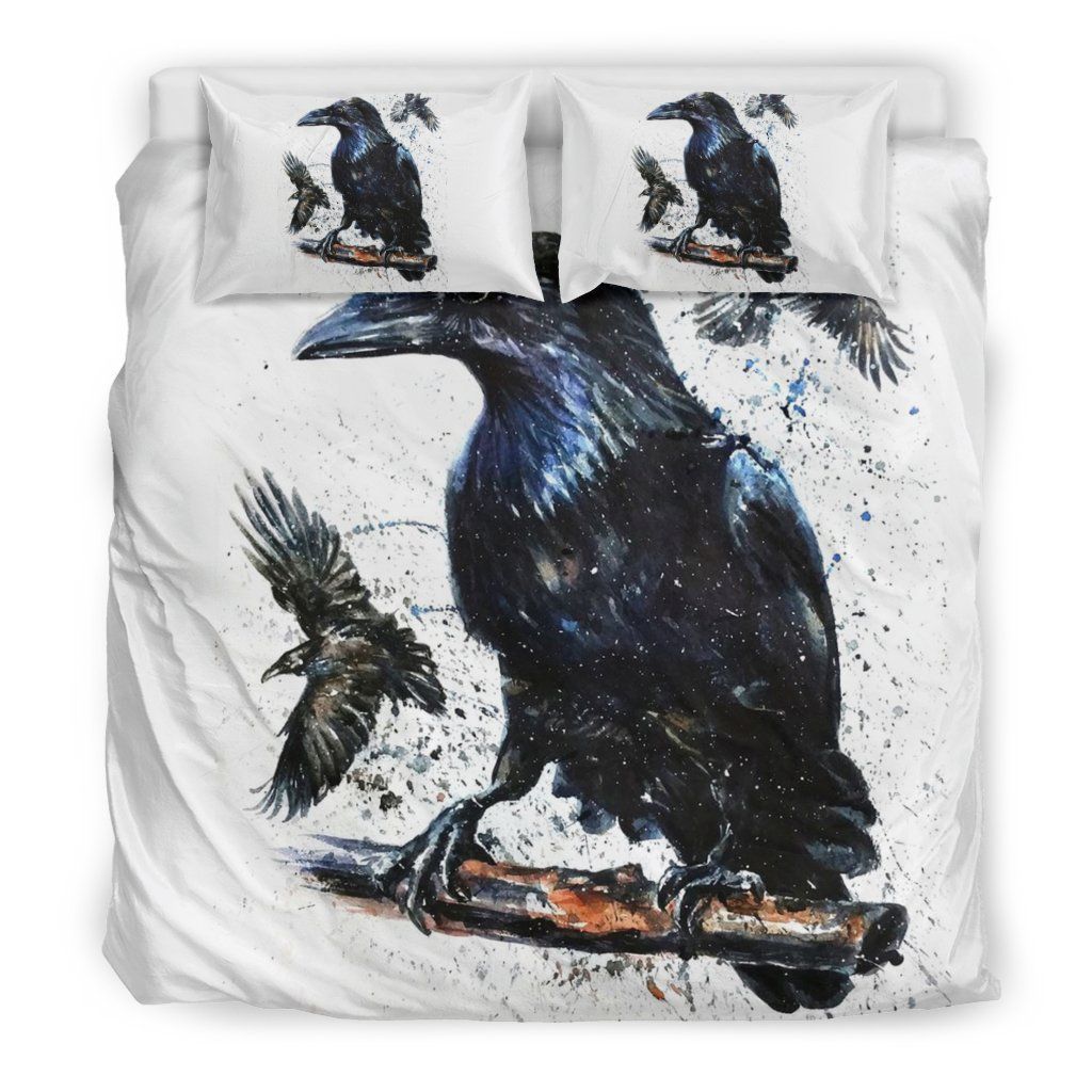 Viking Raven Watercolor White Bedding Set
