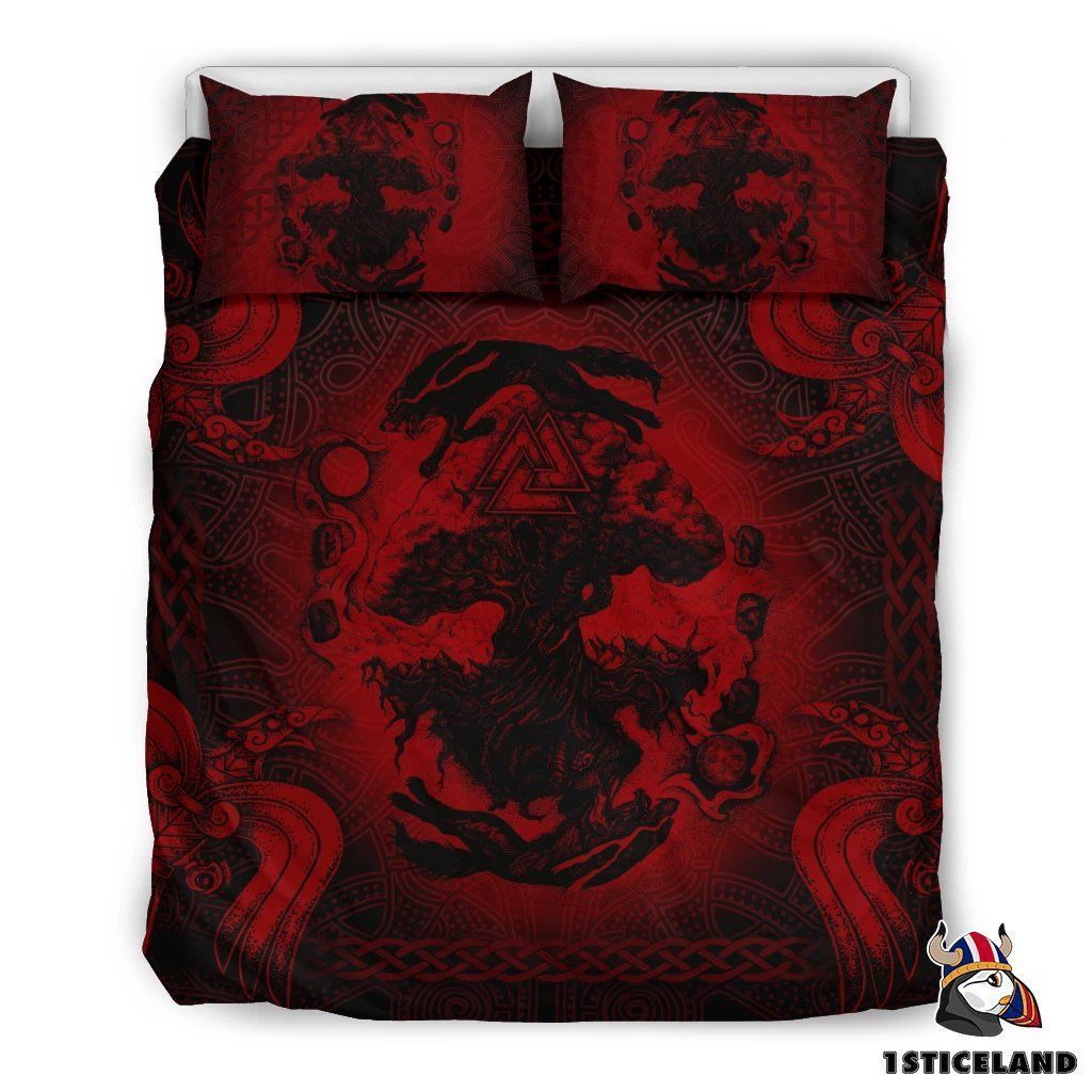 Viking Tree Of Life Fenrir Skoll And Hati Raven Valknut Red Bedding Set