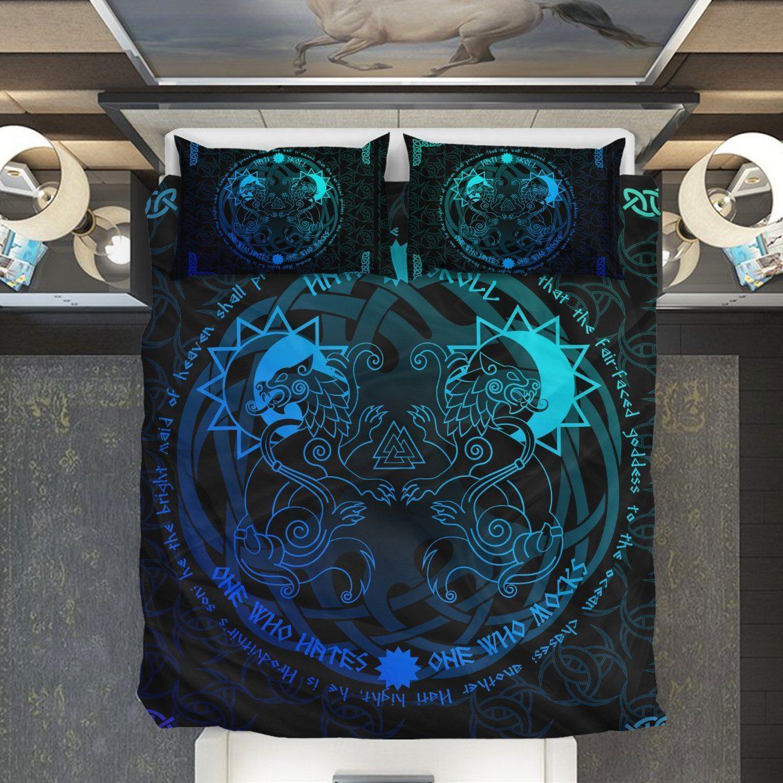 Viking Tree Of Life Fenrir Skoll And Hati Valknut Triskele Blue Bedding Set