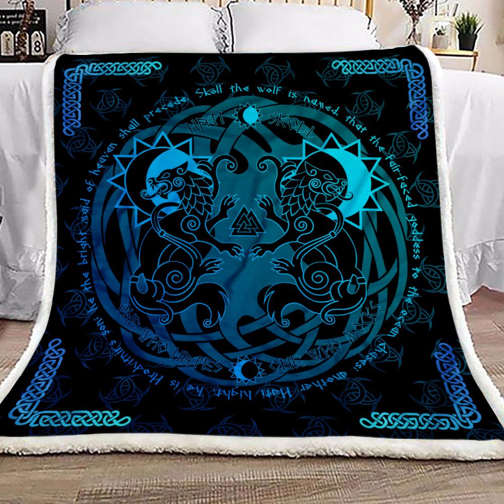 Viking Tree Of Life Fenrir Skoll And Hati Valknut Triskele Blue Fleece Blanket