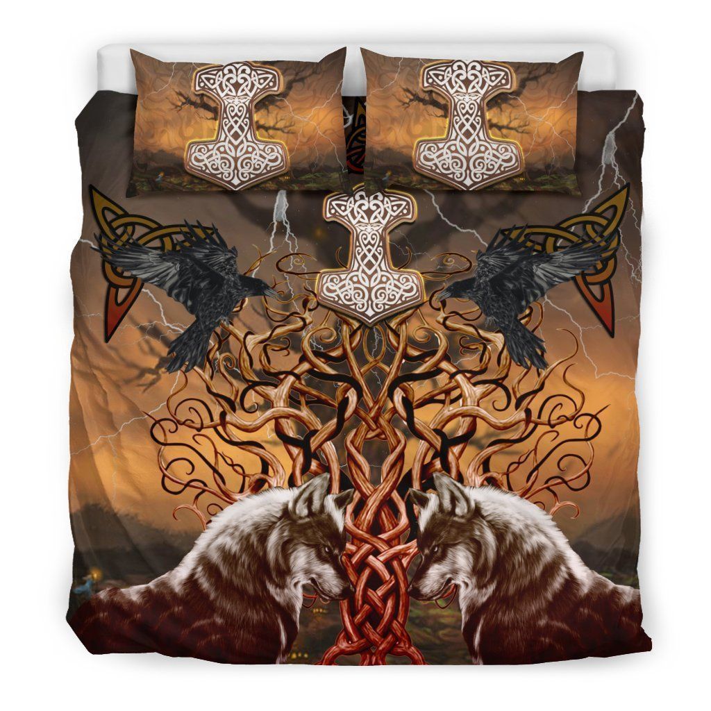 Viking Tree Of Life Mjolnir Fenrir Raven Bedding Set
