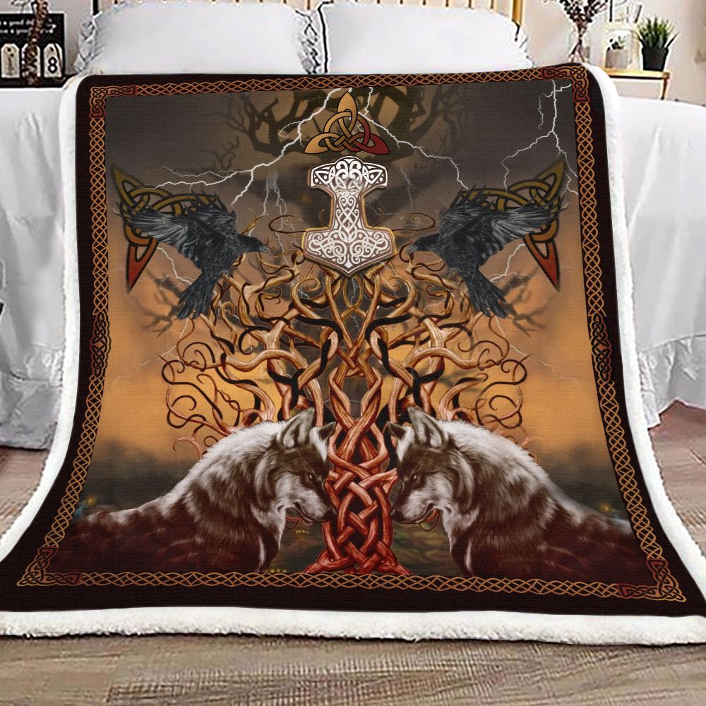 Viking Tree Of Life Mjolnir Fenrir Raven Fleece Blanket
