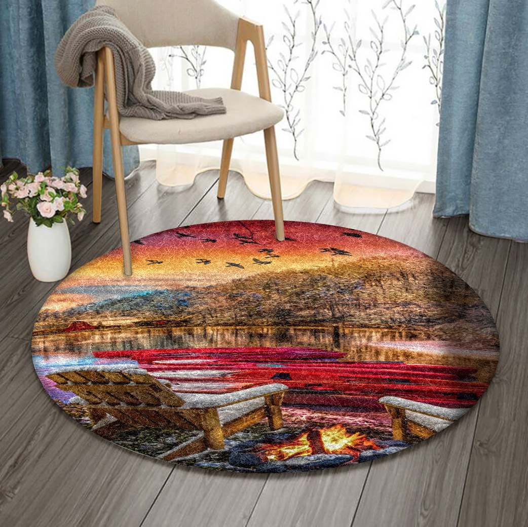 Village And Boat And River Round Carpet