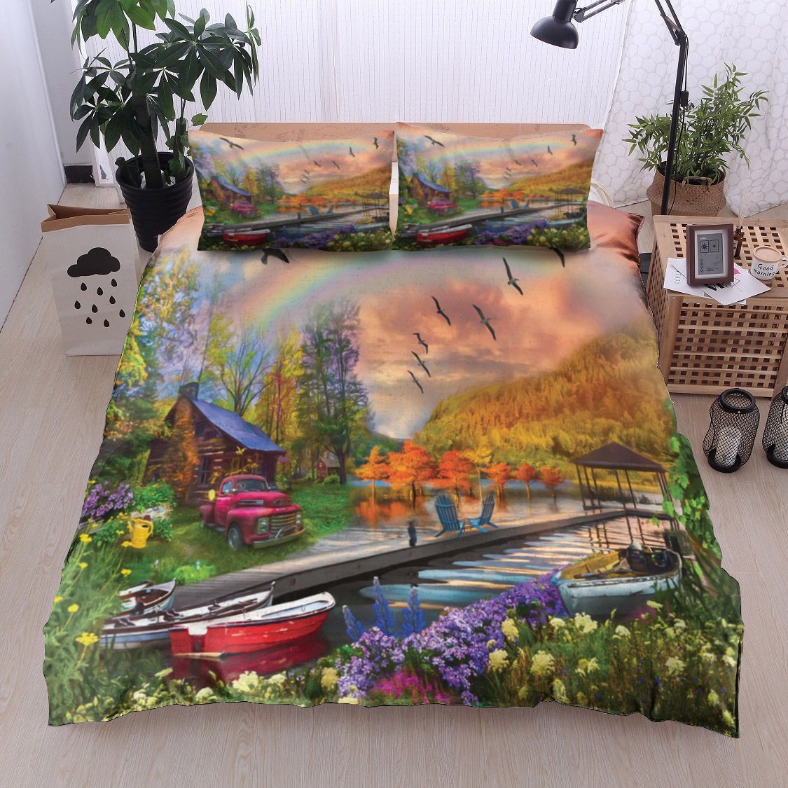 Village Boat Car Bird And River Bedding Set